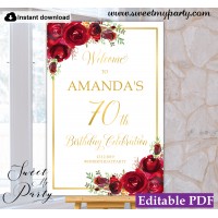 Red Roses 70th Birthday Party Welcome sign template,(16)